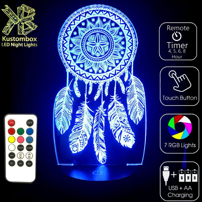 Dream Catcher - 3D LED Night Light 7 Colours + Remote Control - Kustombox