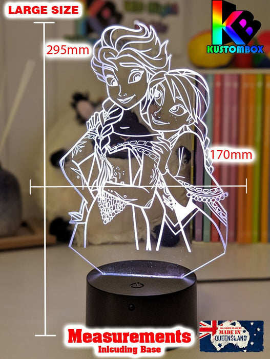Elsa and Anna Frozen Personalised Name 3d LED Night Light lamp for Childrens Room - KustomboxDisneyKustomboxLarge Size