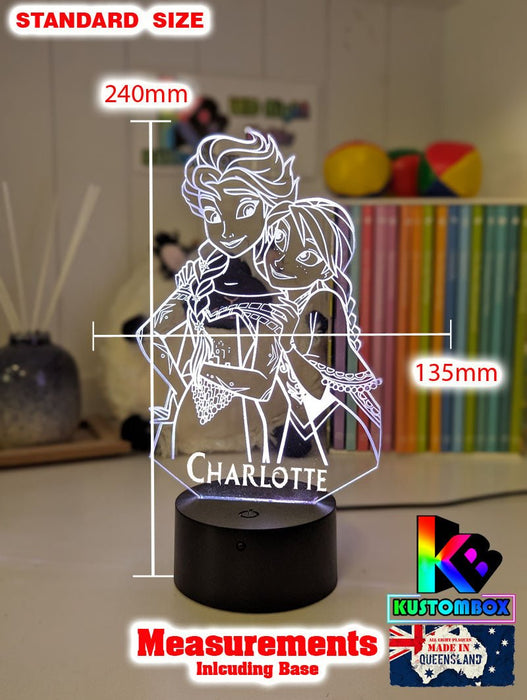 Elsa and Anna Frozen Personalised Name 3d LED Night Light lamp for Childrens Room - KustomboxDisneyKustomboxStandard Size