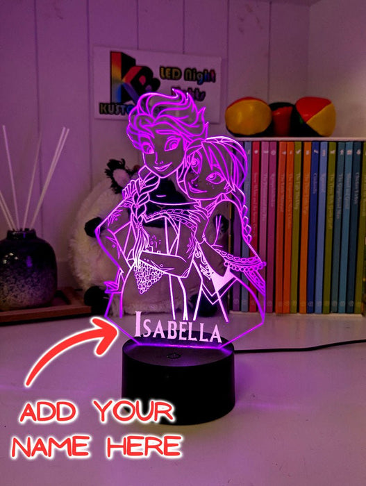 Elsa and Anna Frozen Personalised Name 3d LED Night Light lamp for Childrens Room - KustomboxDisneyKustomboxStandard Size