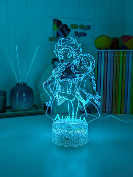 Elsa and Anna Frozen Personalised Name 3d LED Night Light lamp White Crackle Base for Childrens Room - Kustombox