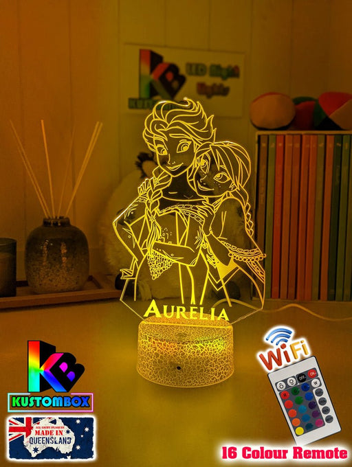 Elsa and Anna Frozen Personalised Name 3d LED Night Light lamp White Crackle Base for Childrens Room - Kustombox