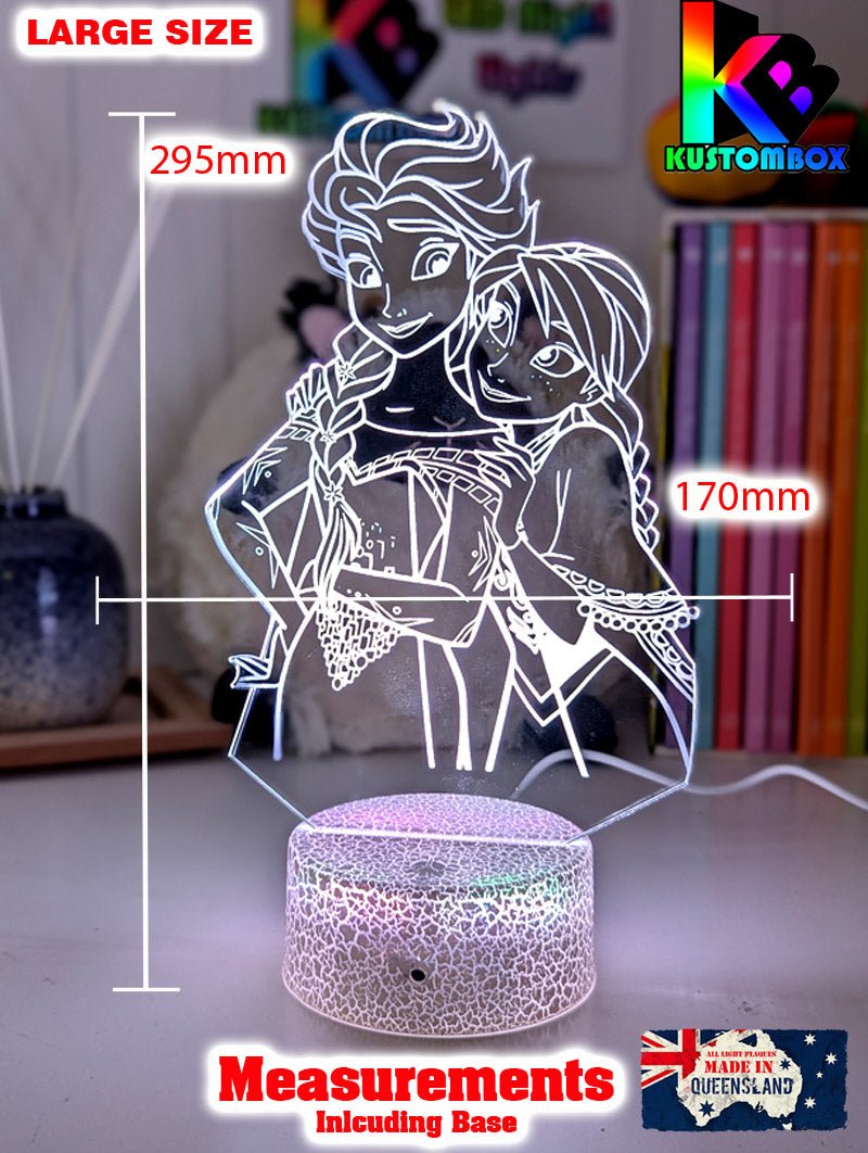 Elsa and Anna Frozen Personalised Name 3d LED Night Light lamp White Crackle Base for Childrens Room - Kustombox