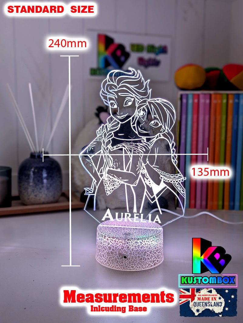 Elsa and Anna Frozen Personalised Name 3d LED Night Light lamp White Crackle Base for Childrens Room - Kustombox