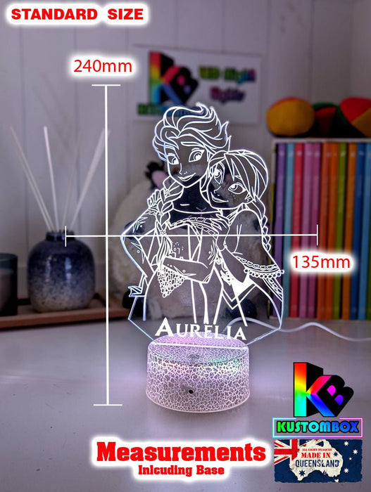 Elsa and Anna Frozen Personalised Name 3d LED Night Light lamp White Crackle Base for Childrens Room - Kustombox