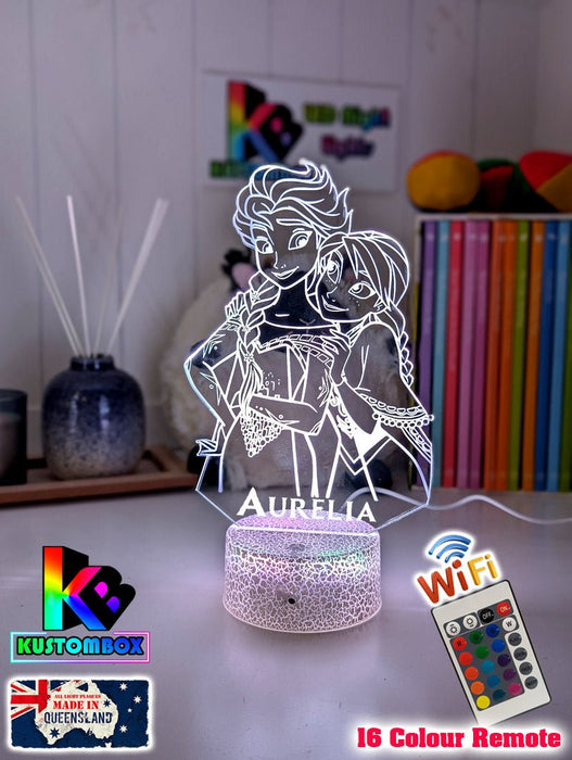 Elsa and Anna Frozen Personalised Name 3d LED Night Light lamp White Crackle Base for Childrens Room - Kustombox