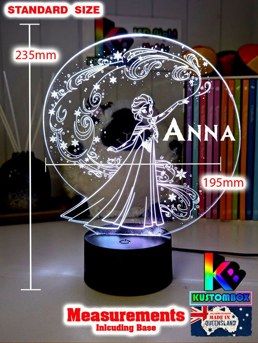 Elsa Frozen Cartoon Personalised Name 3d LED Night Light lamp Black Base for Childrens Room - Kustombox Disney Night Lights