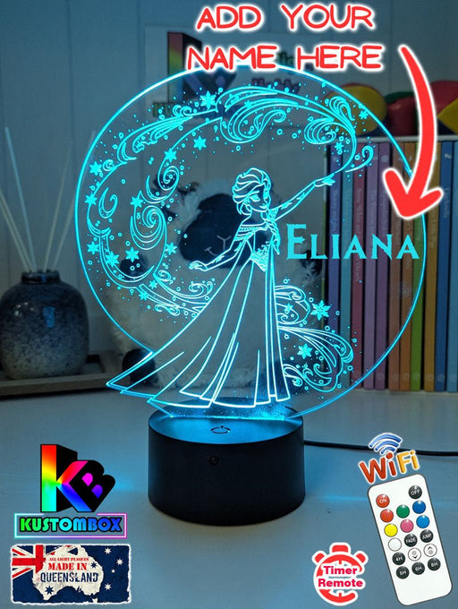 Elsa Frozen Cartoon Personalised Name 3d LED Night Light lamp Black Base for Childrens Room - Kustombox Disney Night Lights