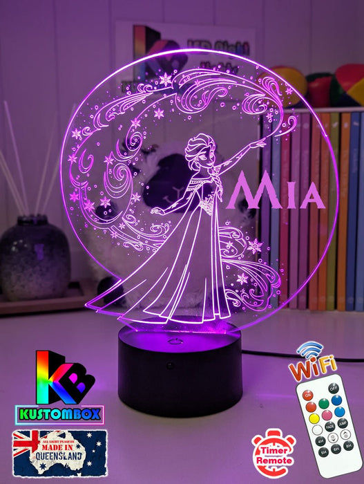 Elsa Frozen Cartoon Personalised Name 3d LED Night Light lamp Black Base for Childrens Room - Kustombox Disney Night Lights