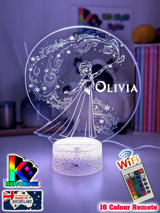 Elsa Frozen Cartoon Personalised Name 3d LED Night Light lamp White Crackle Base for Childrens Room - Kustombox disney