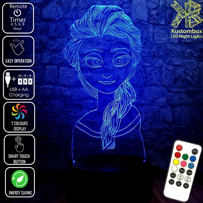 Elsa Frozen Disney- 3D LED Night Light 7 Colours + Remote Control - Kustombox