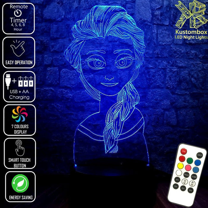 Elsa Frozen Disney- 3D LED Night Light 7 Colours + Remote Control - Kustombox