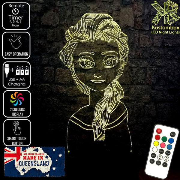 Elsa Frozen Disney- 3D LED Night Light 7 Colours + Remote Control - Kustombox