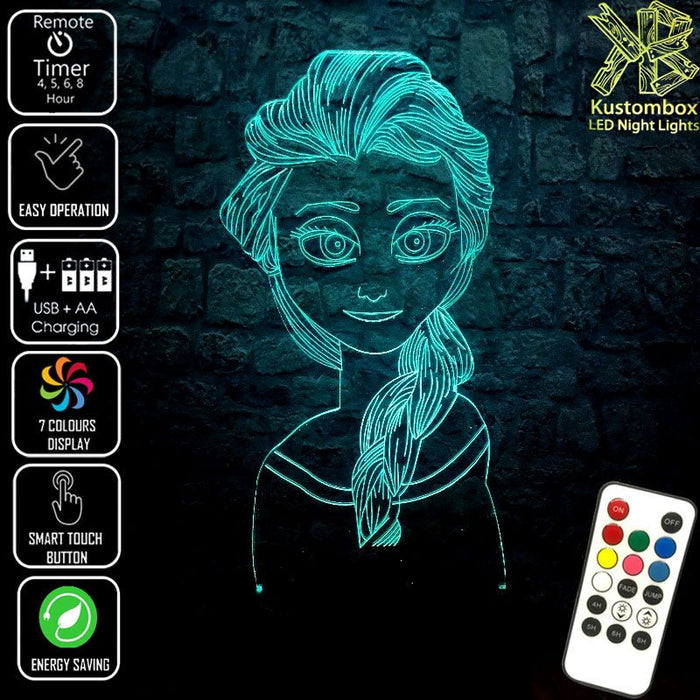 Elsa Frozen Disney- 3D LED Night Light 7 Colours + Remote Control - Kustombox