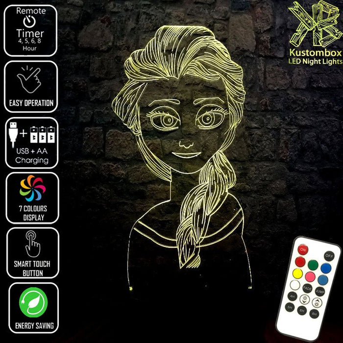 Elsa Frozen Disney- 3D LED Night Light 7 Colours + Remote Control - Kustombox