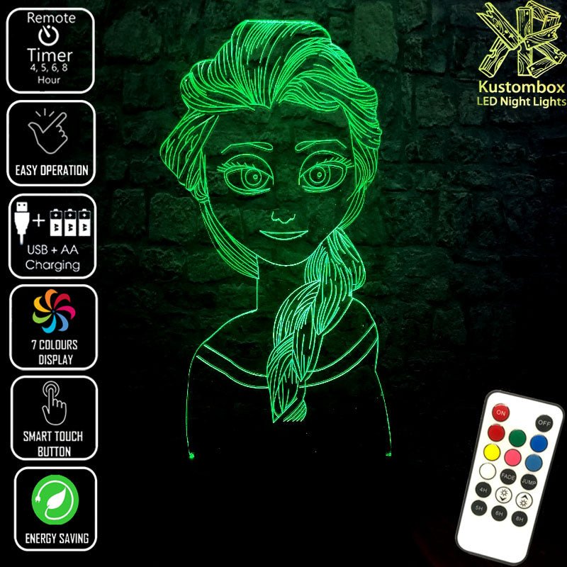 Elsa Frozen Disney- 3D LED Night Light 7 Colours + Remote Control - Kustombox