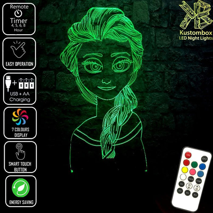 Elsa Frozen Disney- 3D LED Night Light 7 Colours + Remote Control - Kustombox