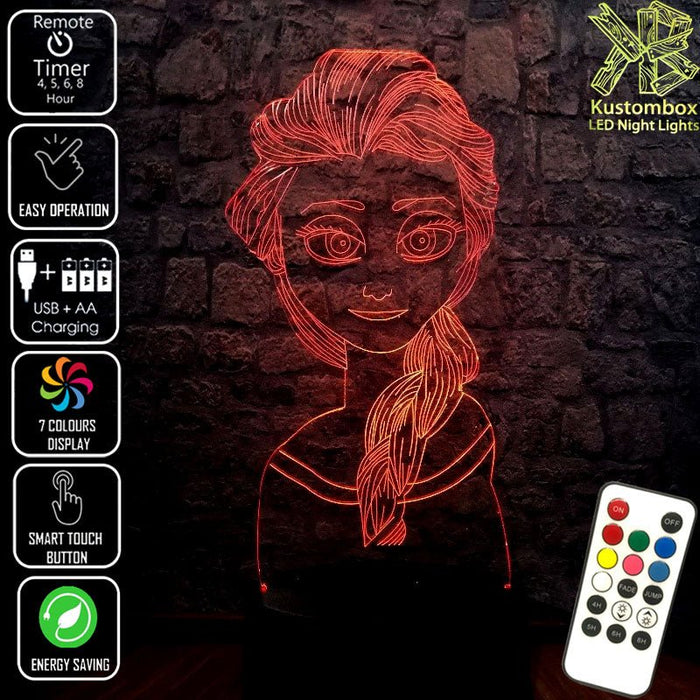 Elsa Frozen Disney- 3D LED Night Light 7 Colours + Remote Control - Kustombox