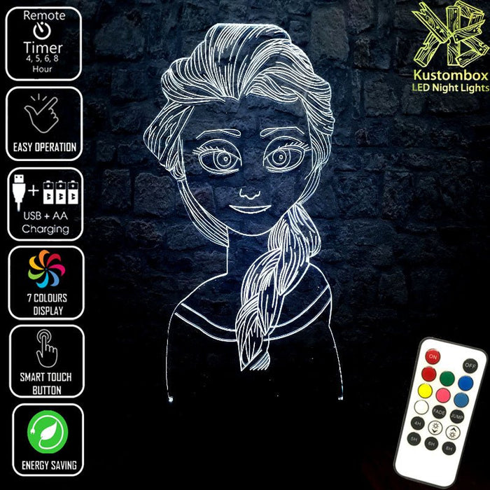 Elsa Frozen Disney- 3D LED Night Light 7 Colours + Remote Control - Kustombox