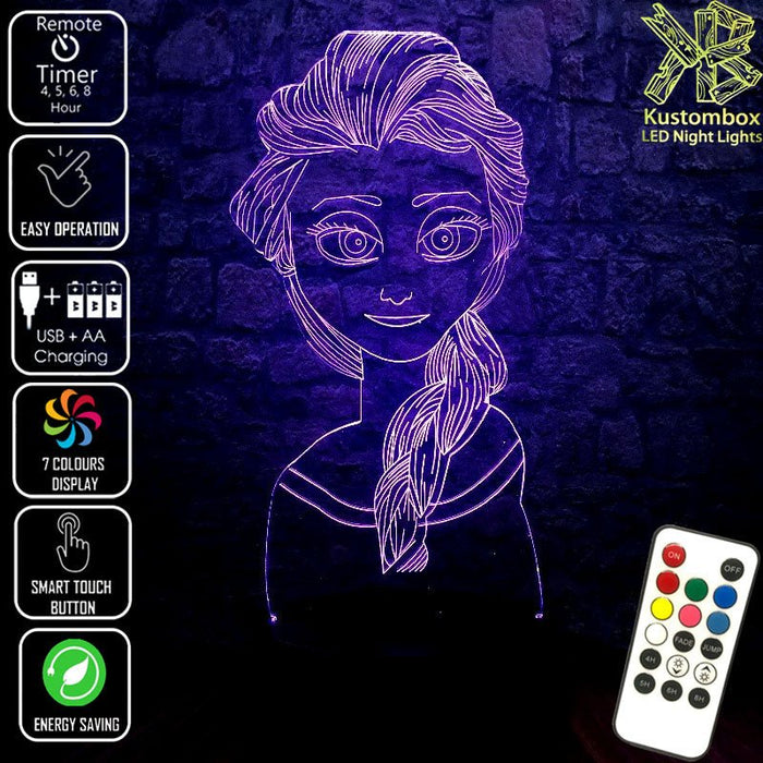 Elsa Frozen Disney- 3D LED Night Light 7 Colours + Remote Control - Kustombox