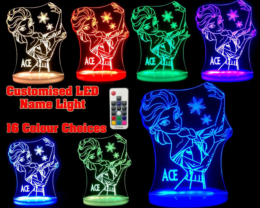 Elsa Frozen Personalised Name - 3D LED Night Light 7 Colours + Remote Control - Kustombox