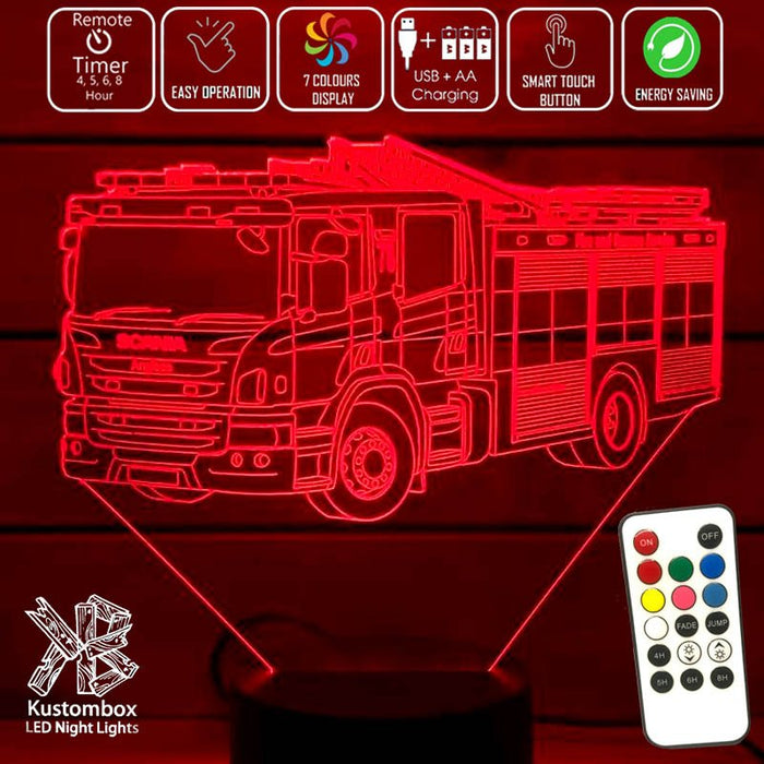 Fire Engine Truck - 3D LED Night Light 7 Colours + Remote Control - Kustombox