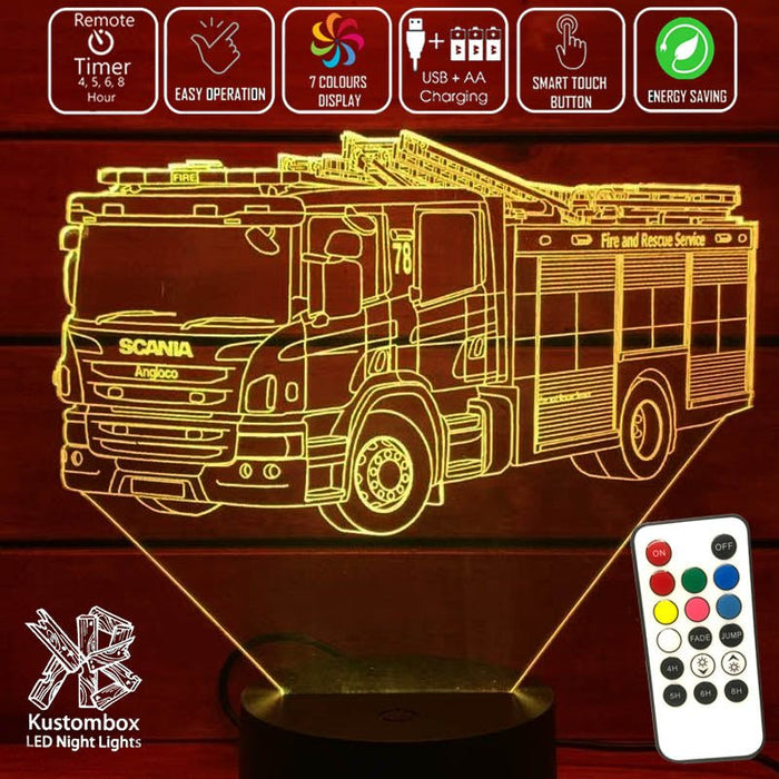 Fire Engine Truck - 3D LED Night Light 7 Colours + Remote Control - Kustombox