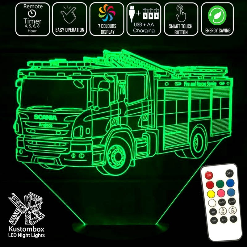 Fire Engine Truck - 3D LED Night Light 7 Colours + Remote Control - Kustombox