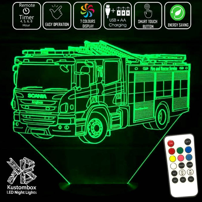 Fire Engine Truck - 3D LED Night Light 7 Colours + Remote Control - Kustombox