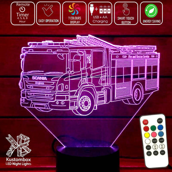 Fire Engine Truck - 3D LED Night Light 7 Colours + Remote Control - Kustombox