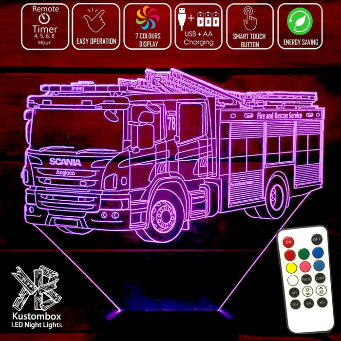 Fire Engine Truck - 3D LED Night Light 7 Colours + Remote Control - Kustombox
