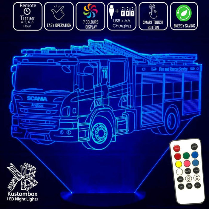Fire Engine Truck - 3D LED Night Light 7 Colours + Remote Control - Kustombox