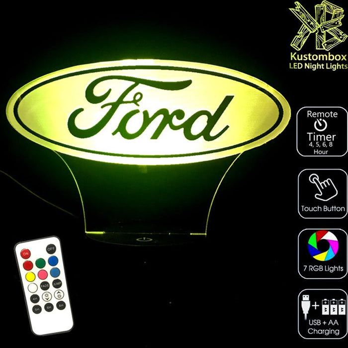 Ford Car Motor Group Logo - 3D LED Night Light 7 Colours + Remote Control - Kustombox