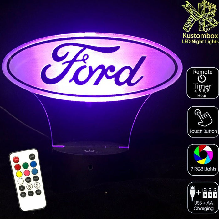 Ford Car Motor Group Logo - 3D LED Night Light 7 Colours + Remote Control - Kustombox