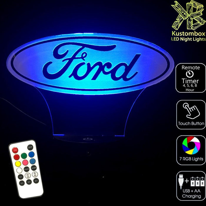 Ford Car Motor Group Logo - 3D LED Night Light 7 Colours + Remote Control - Kustombox