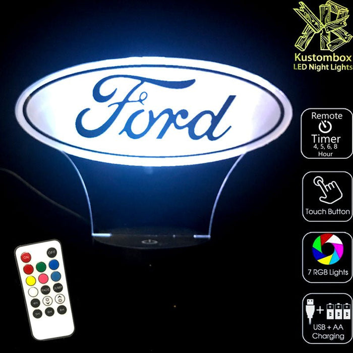 Ford Car Motor Group Logo - 3D LED Night Light 7 Colours + Remote Control - Kustombox