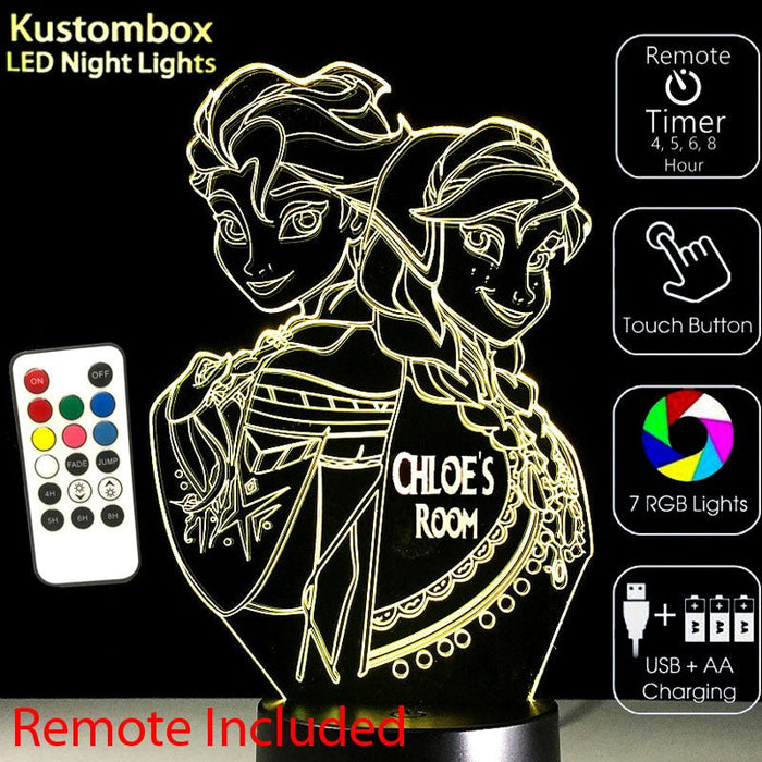 Frozen Elsa and Arna Personalised Name Option - 3D LED Night Light 7 Colours + Remote Control - Kustombox