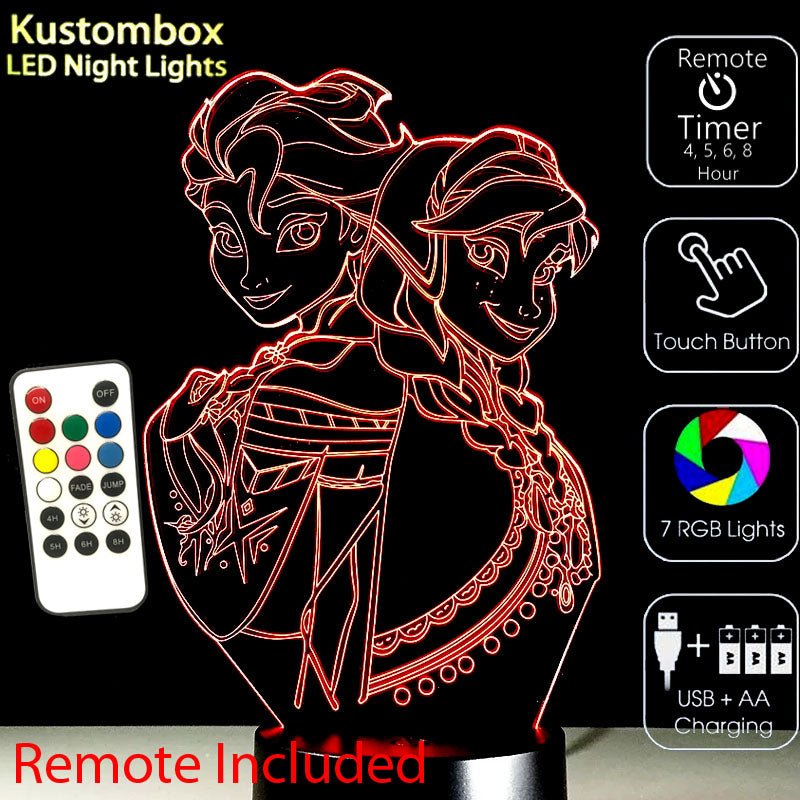 Frozen Elsa and Arna Personalised Name Option - 3D LED Night Light 7 Colours + Remote Control - Kustombox