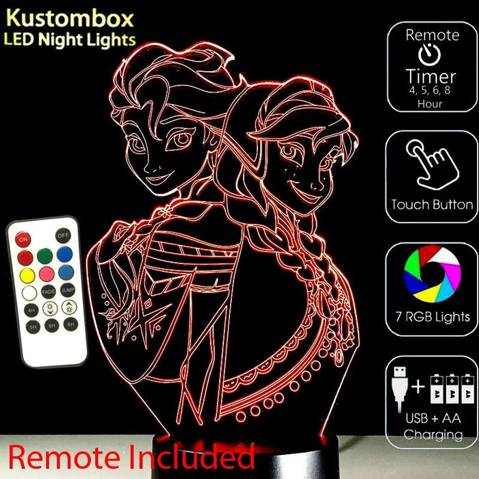 Frozen Elsa and Arna Personalised Name Option - 3D LED Night Light 7 Colours + Remote Control - Kustombox