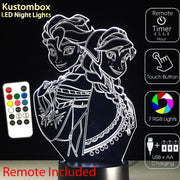 Frozen Elsa and Arna Personalised Name Option - 3D LED Night Light 7 Colours + Remote Control - Kustombox