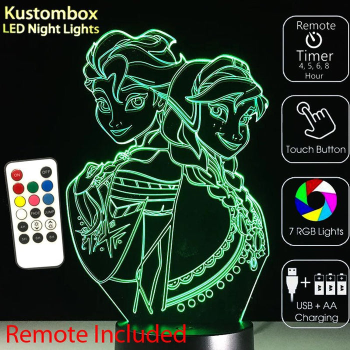 Frozen Elsa and Arna Personalised Name Option - 3D LED Night Light 7 Colours + Remote Control - Kustombox