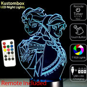 Frozen Elsa and Arna Personalised Name Option - 3D LED Night Light 7 Colours + Remote Control - Kustombox