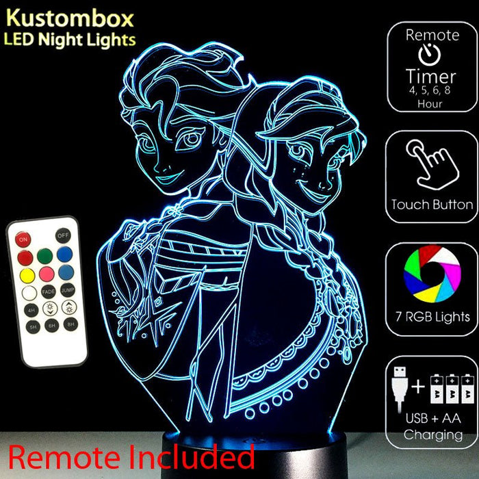 Frozen Elsa and Arna Personalised Name Option - 3D LED Night Light 7 Colours + Remote Control - Kustombox