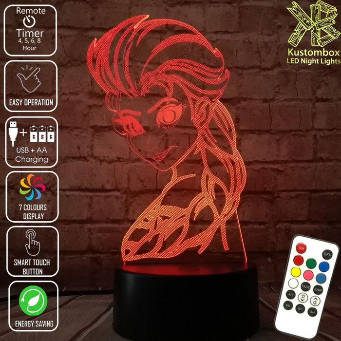 Frozen Elsa Disney- 3D LED Night Light 7 Colours + Remote Control - Kustombox
