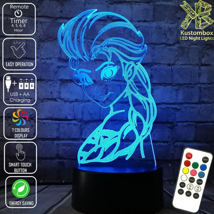 Frozen Elsa Disney- 3D LED Night Light 7 Colours + Remote Control - Kustombox