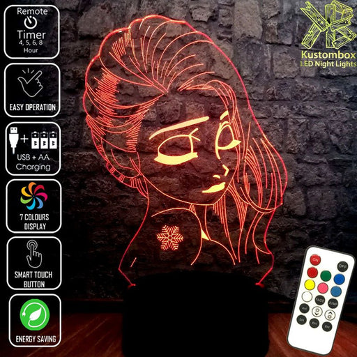 Frozen Elsa Side Face Disney- 3D LED Night Light 7 Colours + Remote Control - Kustombox disney