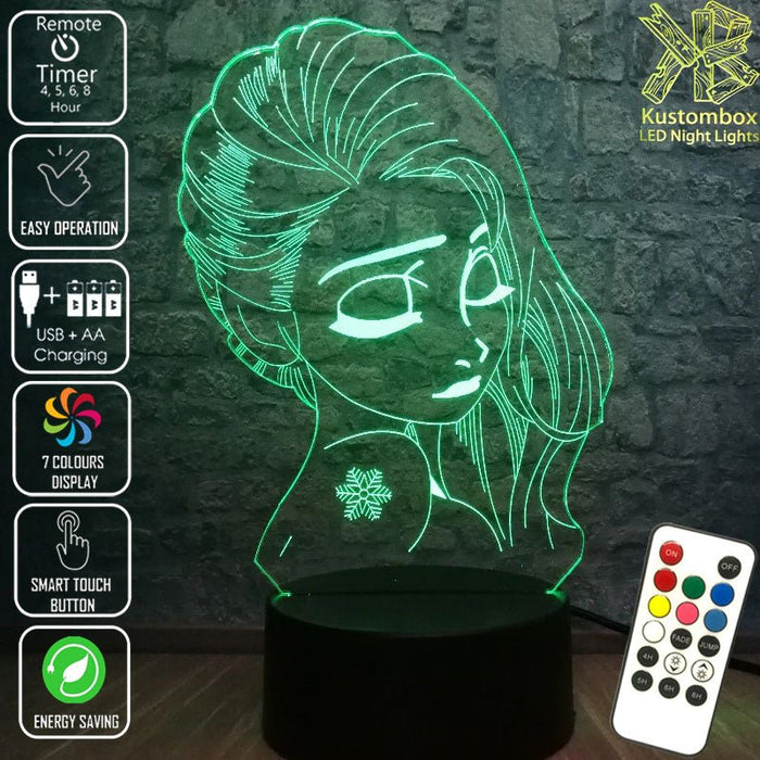 Frozen Elsa Side Face Disney- 3D LED Night Light 7 Colours + Remote Control - Kustombox disney