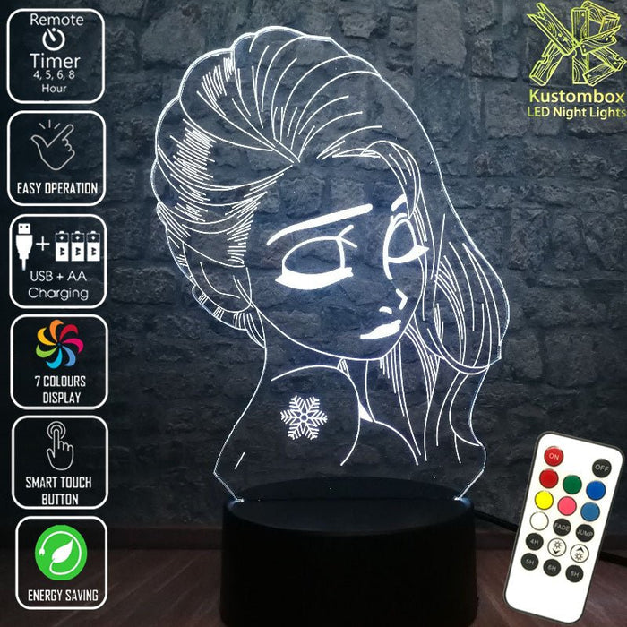 Frozen Elsa Side Face Disney- 3D LED Night Light 7 Colours + Remote Control - Kustombox disney
