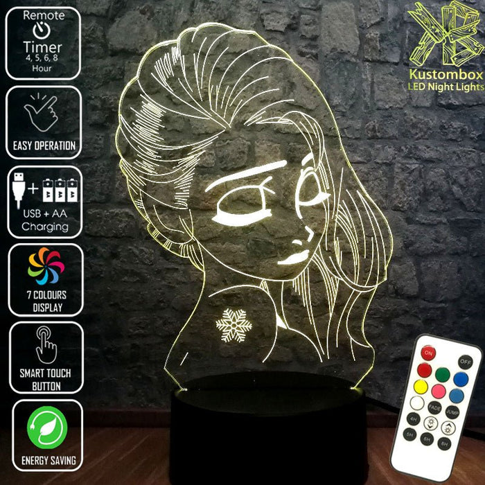 Frozen Elsa Side Face Disney- 3D LED Night Light 7 Colours + Remote Control - Kustombox disney