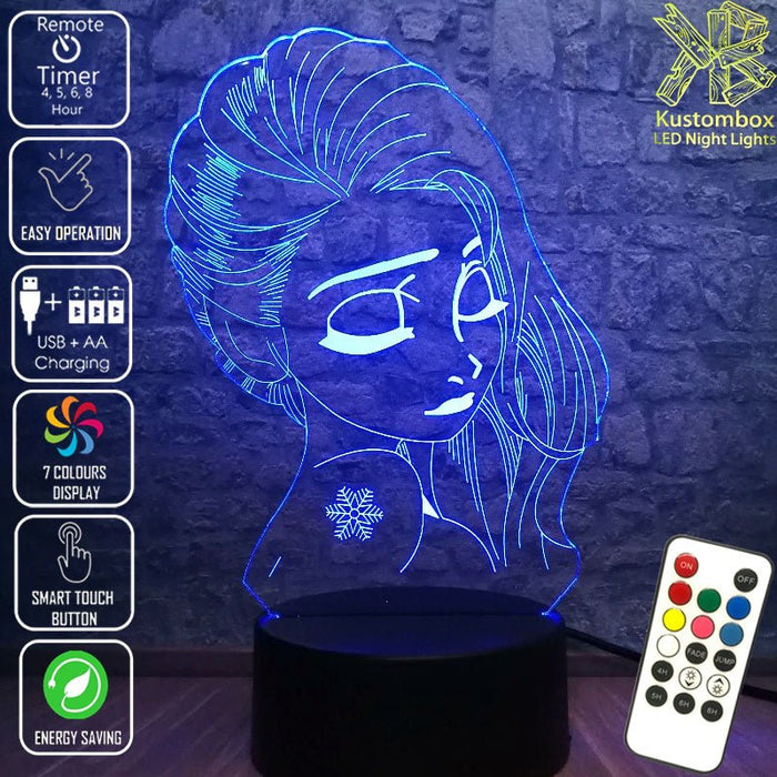 Frozen Elsa Side Face Disney- 3D LED Night Light 7 Colours + Remote Control - Kustombox disney